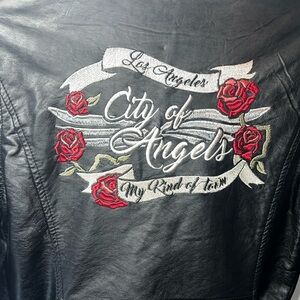 Ashley Outerwear Jacket Women’s Black Moto Embroidered Faux Leather Jacket sz M